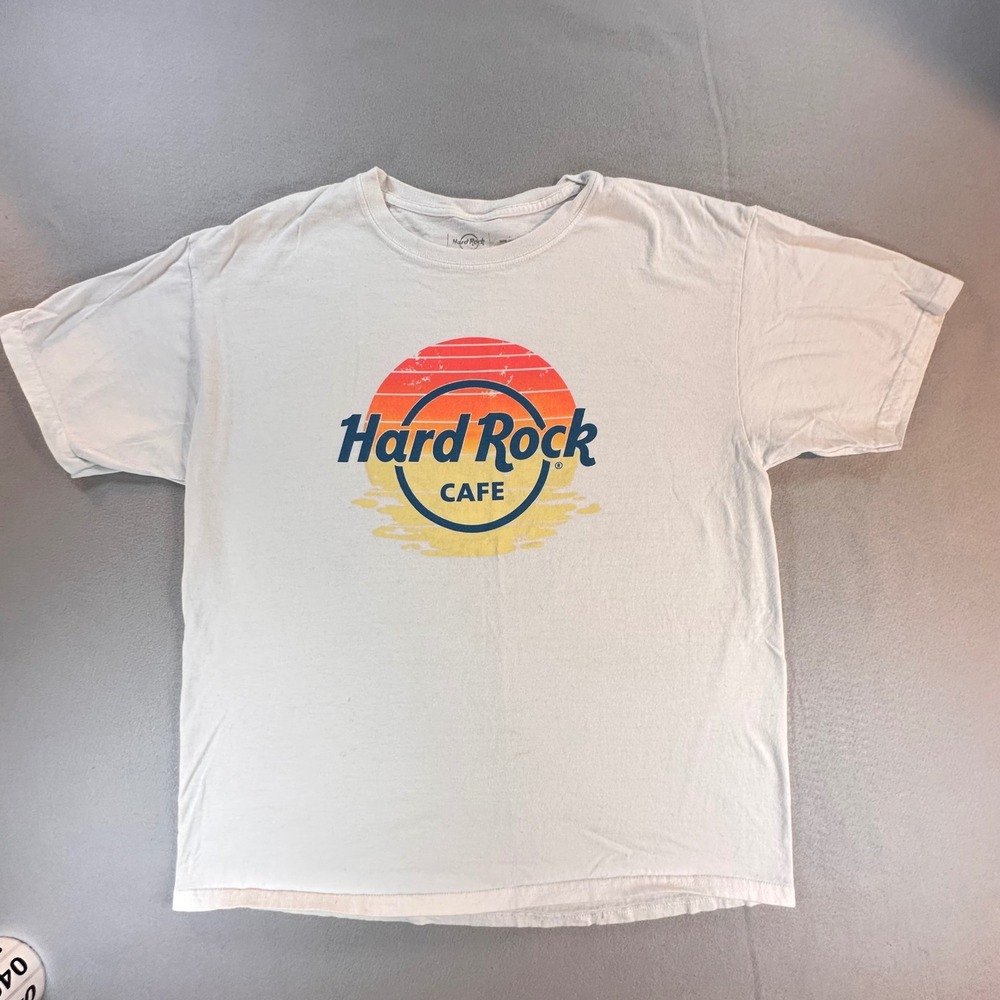 Hard Rock Cafe Mens White Graphic T-Shirt Sunset Logo Cotton Short Sleeve Large